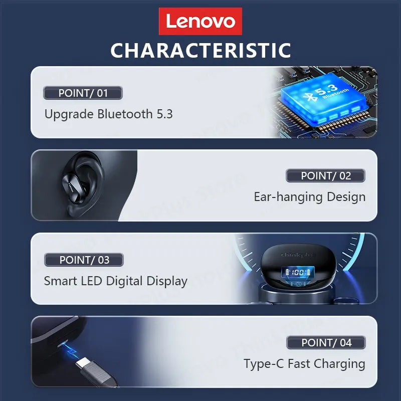 Lenovo-LP75 Fones De Ouvido Bluetooth 5.3, TWS, Sem Fio, Fones De Ouvido Esportivos, Display Digital LED, HiFi Stereo, Redução De Ruído, Gaming Earbuds